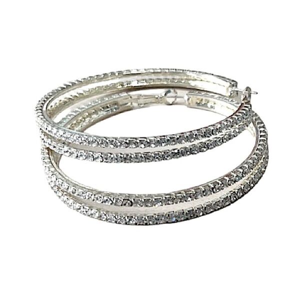 Double Oversized Rhinestone 2.5” Hoop Earrings Silver tone - Picture 3 of 9